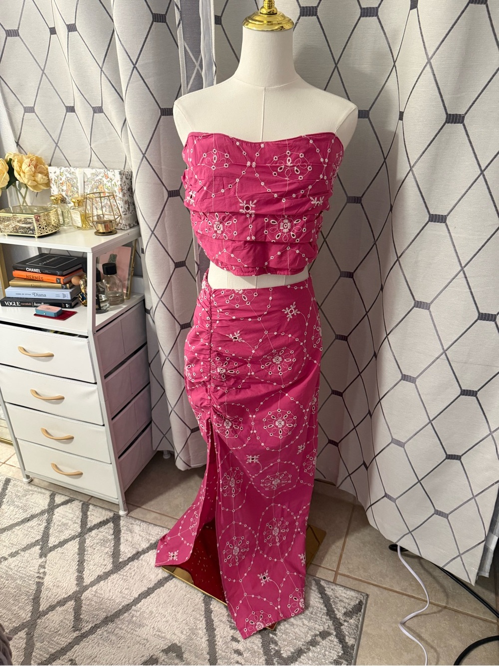 Zara Strapless Hot Pink Embroidered Two-Piece Skirt Set
